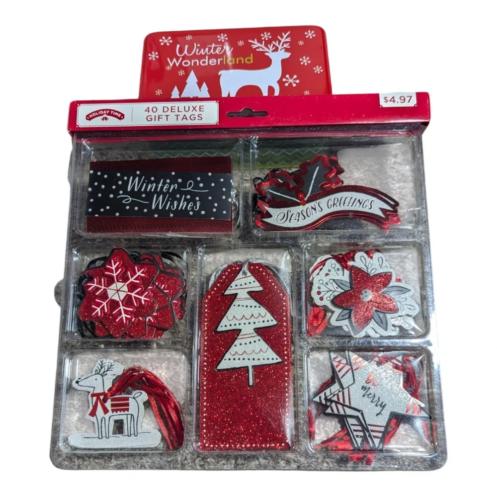 Winter Wonderland-40 Piece Deluxe Gift Tag Set (New) and Decorative Tin (used)